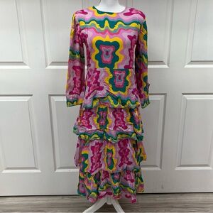 Briton Court Dazed Ruffle Tie Waist Maxi Dress Colorful Size XS
